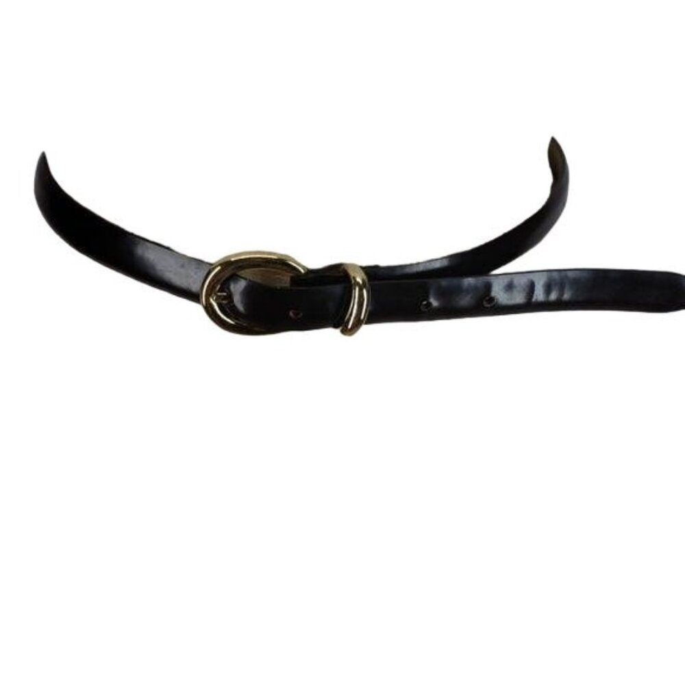 Worthington Black Leather‎ Belt Gold-Tone Double Ring Buckle